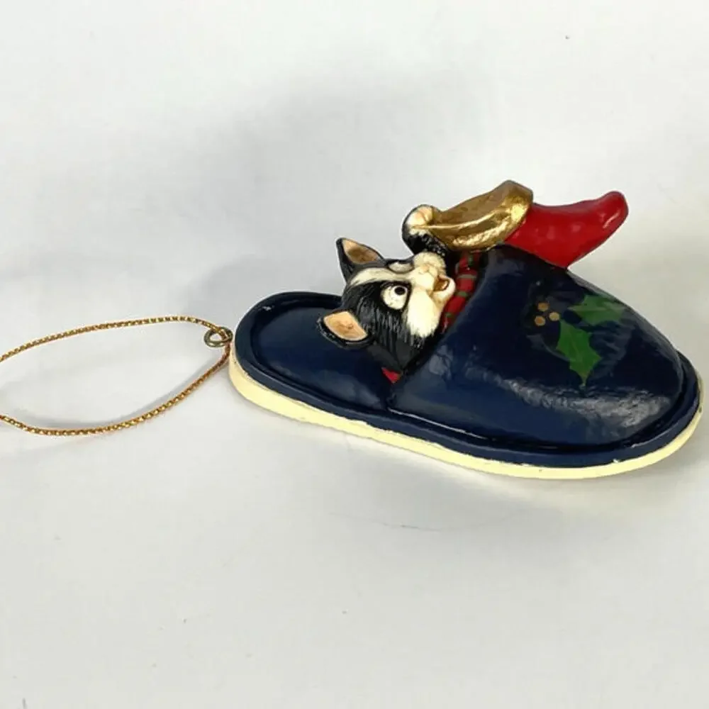 Cute Cat In Slipper Christmas‎ Ornament Vintage Hard Plastic